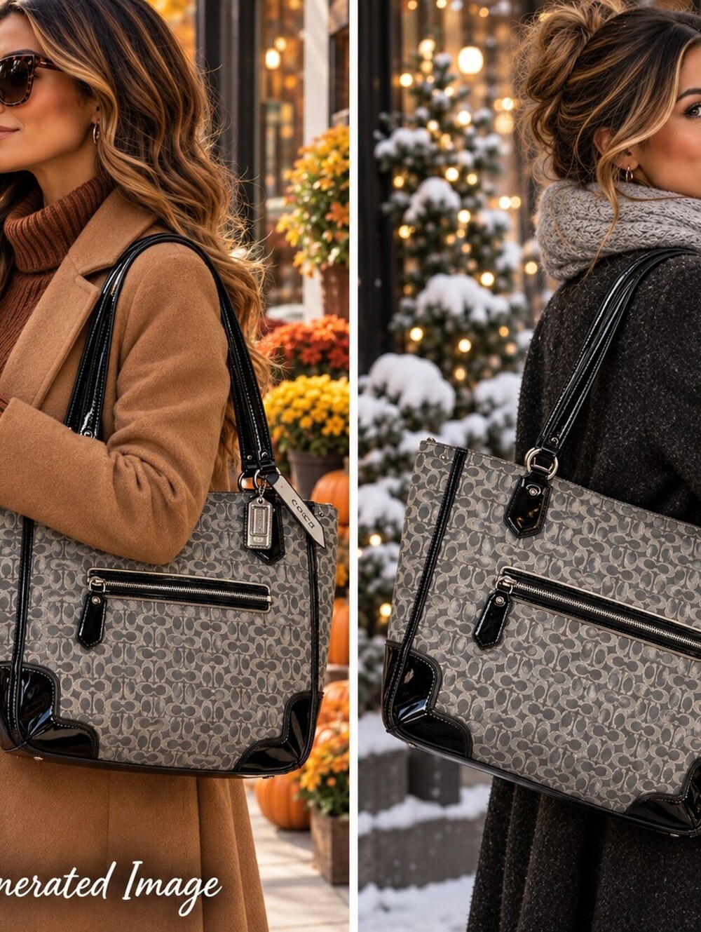 Coach Poppy 26414 Metallic Signature Gray Black Patent Tote Bag